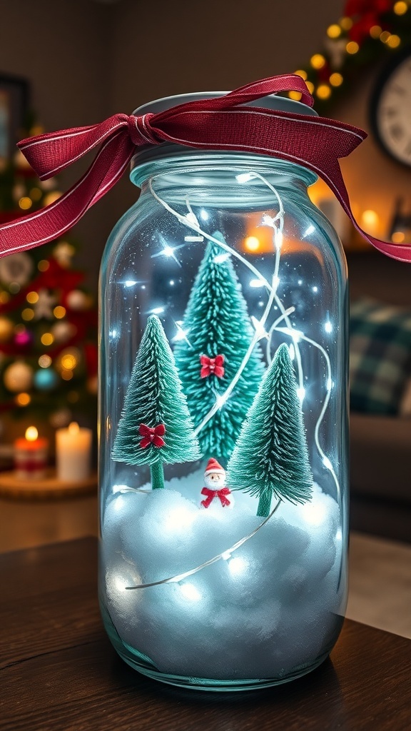 A decorative Christmas jar filled with snow and miniature trees, tied with a ribbon, set in a festive living room.